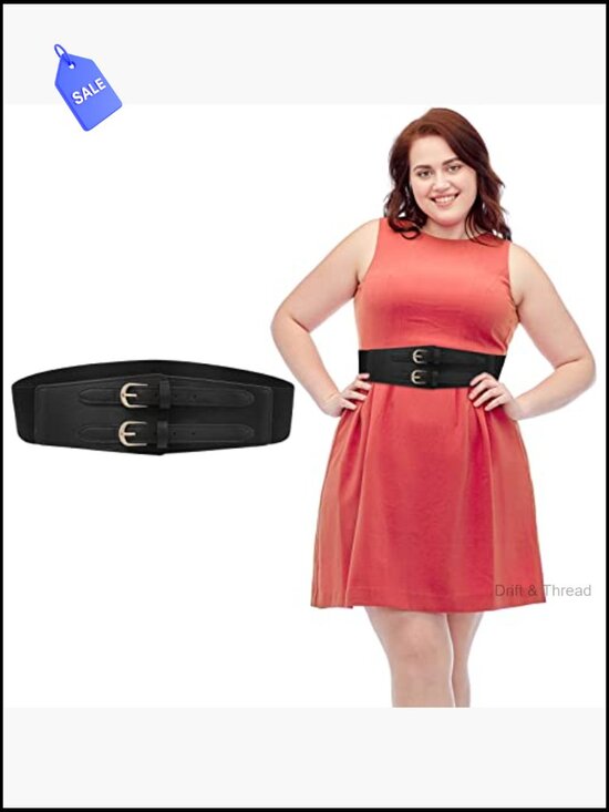 Double Buckle Elastic Waist Belt - Stretchy Wide Leather Belt for Dresses Jeans main image 4
